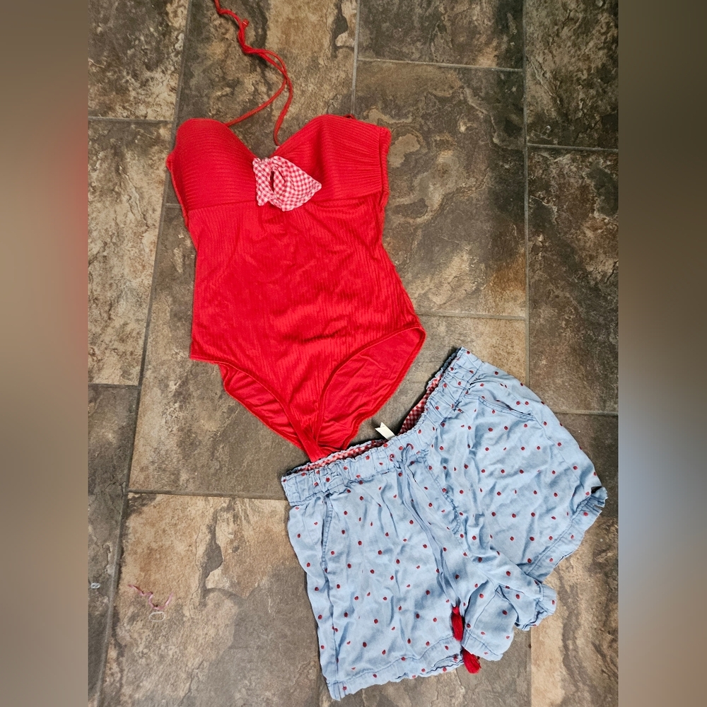Matilda Jane Womens Poolside Party red swimsuit And Shorts